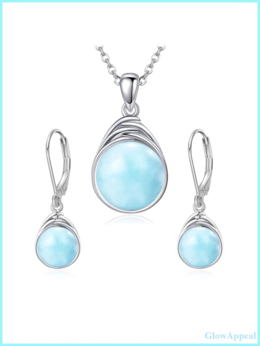 Larimar Earrings Necklace Set 925 Sterling Silver Round Jewelry Set Women
